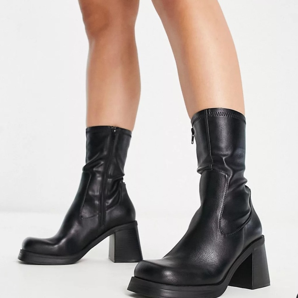 ASOS black wide fit reversed mid-heel sock boots